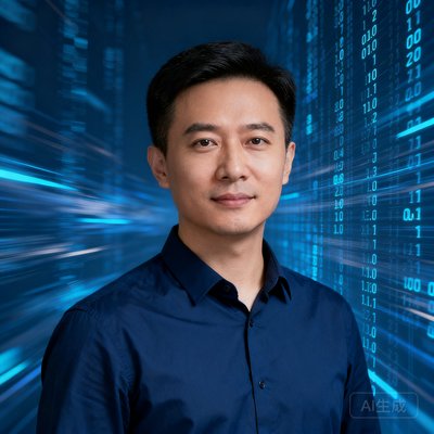 穿深蓝衬衫的数据总监张驰，背景是数字矩阵